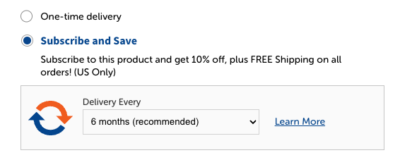 Showing Subscribe and Save on product page for subscription service.
